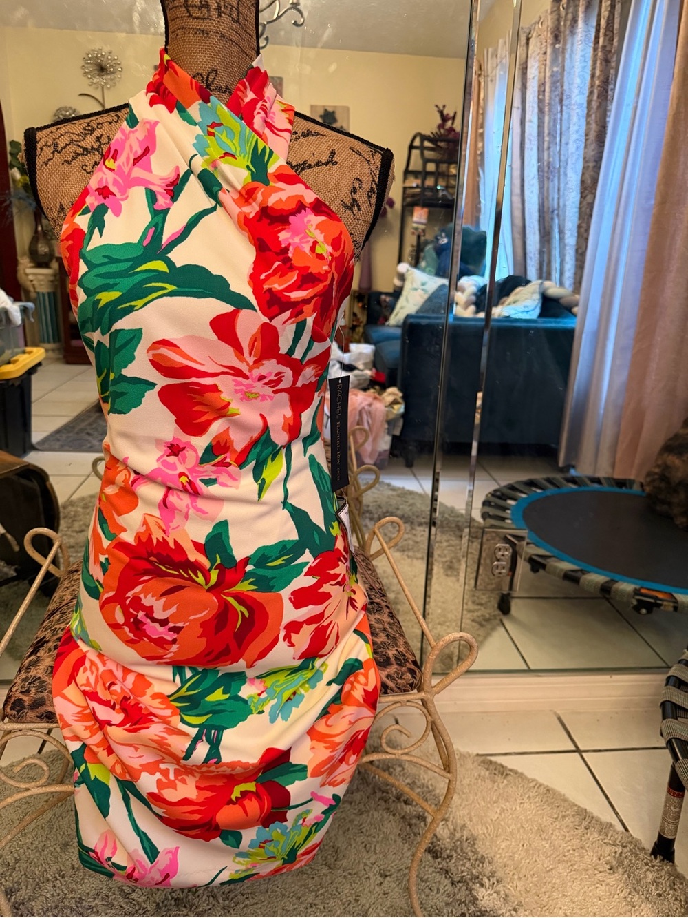 Macy's One-Shoulder Floral Dress - White with Red, Pink & Green Print